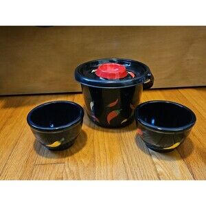 Vintage Y2k Black 4 piece Chip & Dip Serving Set Chili Pepper Design